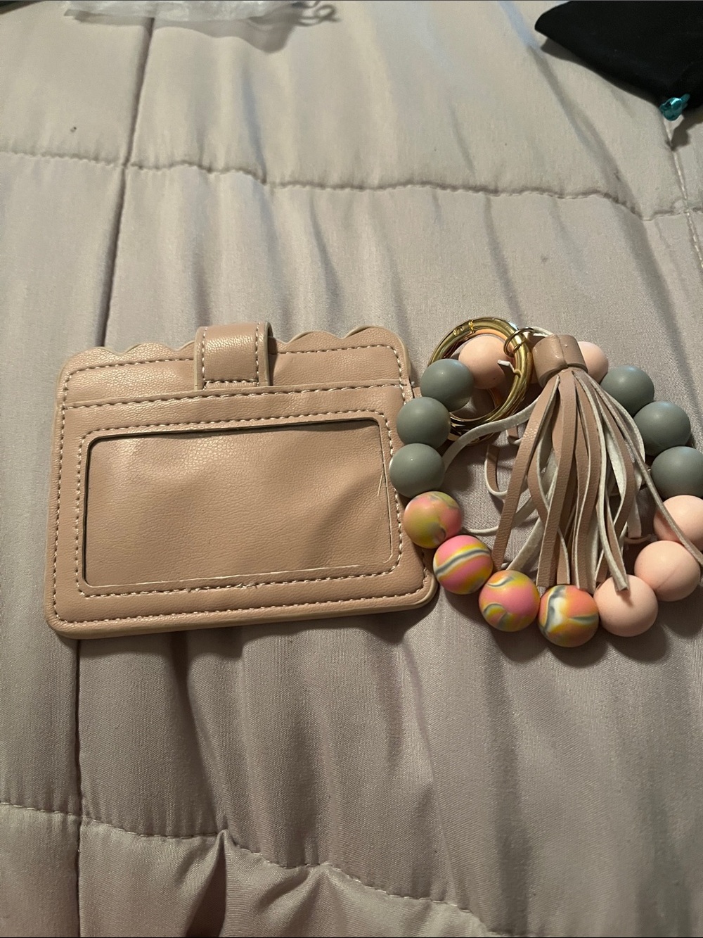 Beige Leather Card Holder with Pastel Bead Tassel Keyring
